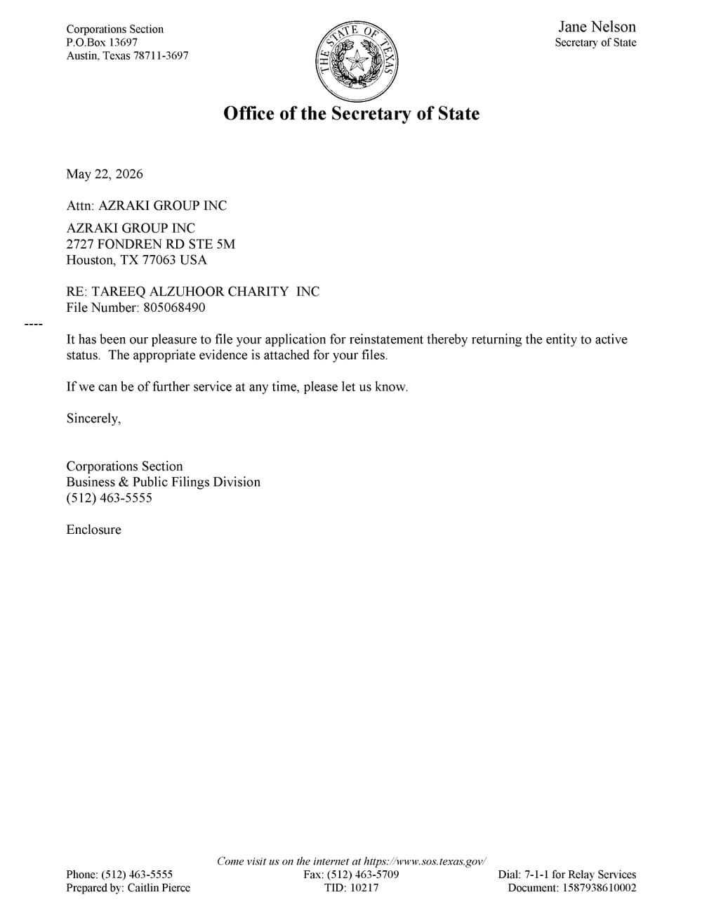 Official letter from the Corporations Section of the Texas Secretary of State dated 22 May 2026