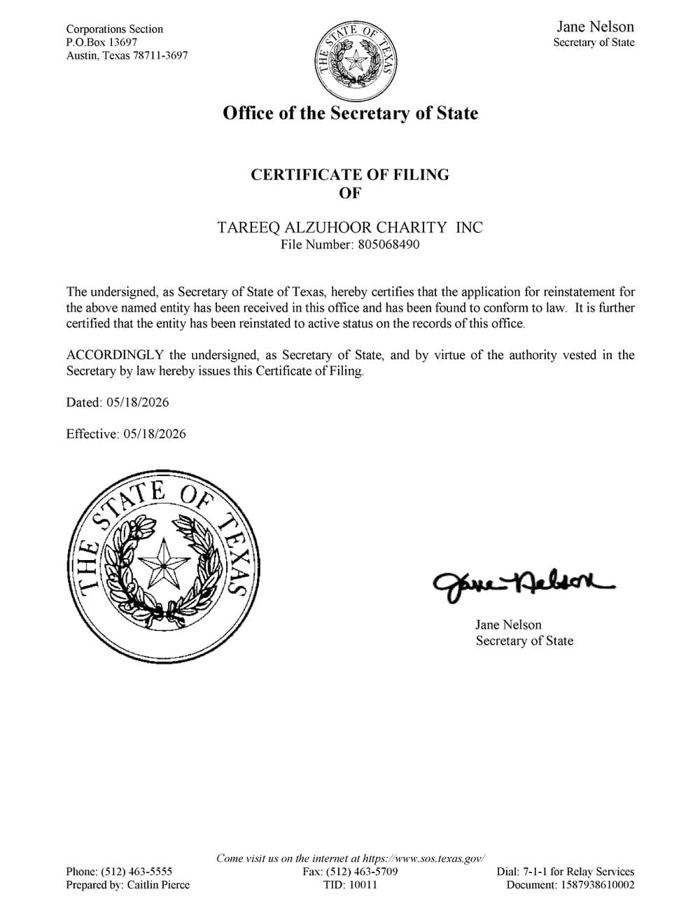 Certificate of Filing issued by the Texas Secretary of State for TAREEQ ALZUHOOR CHARITY INC, file number 805068490