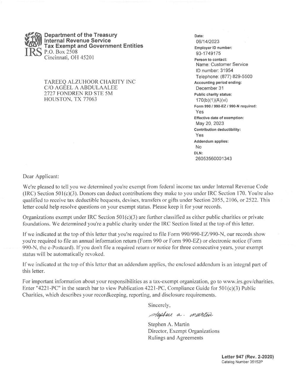 IRS determination letter for TAREEQ ALZUHOOR CHARITY INC, EIN 93-1749175, dated 14 June 2023