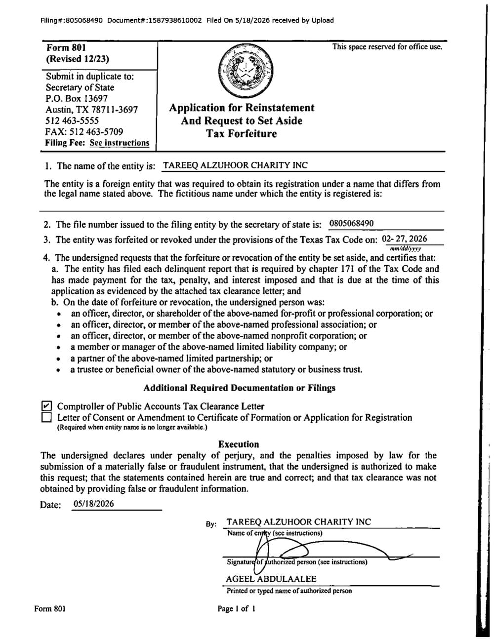 Form 801, the application for reinstatement filed with the Texas Secretary of State
