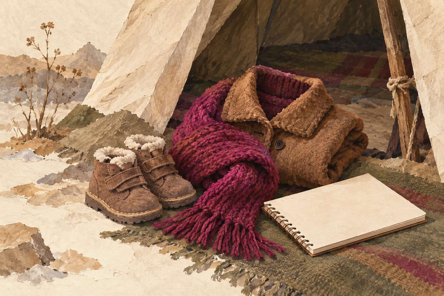 Gaza Children in Winter Displacement: Illustration of small shoes, a coat, knitted scarf and blank notebook by a tent entrance, without people.