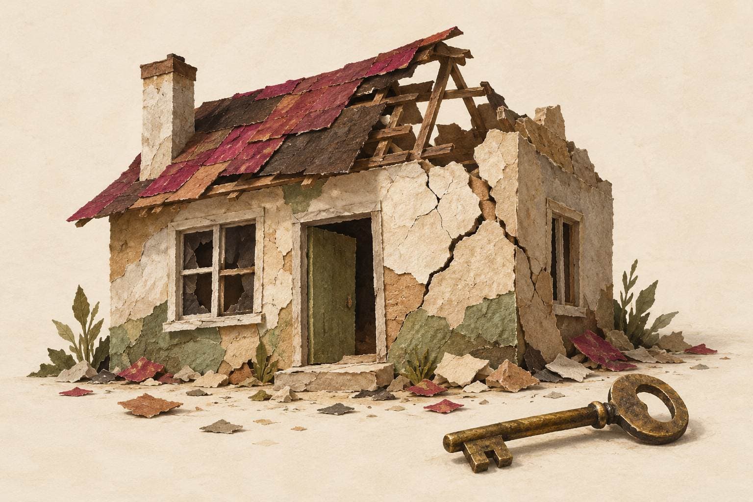 Damaged Buildings in Gaza: Symbolic paper illustration of a home with a cracked wall and damaged roof, beside an old house key.