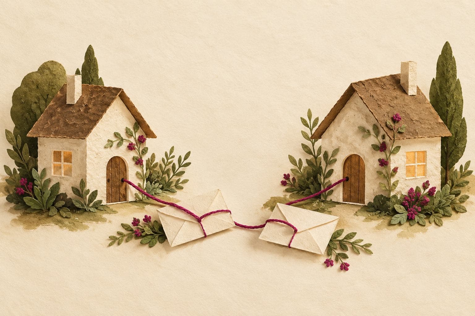 Family Reunification in Gaza: Symbolic illustration of two homes connected by magenta thread and two blank envelopes