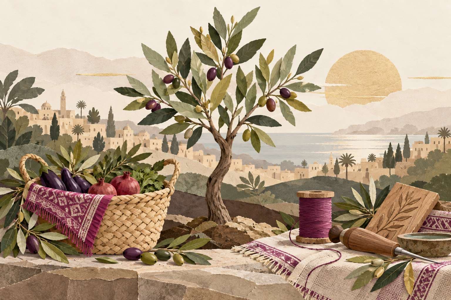 سبل العيش في غزة: رسم لشجرة زيتون وسلة سوق وأدوات حرفية