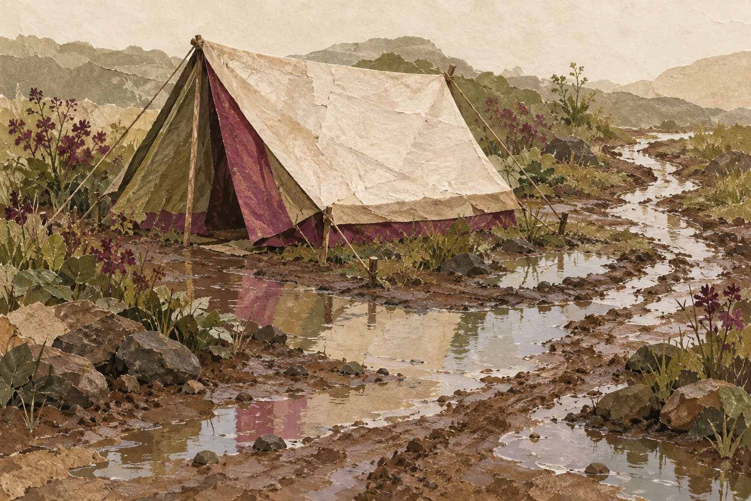 Flooded Displacement Sites in Gaza: Symbolic paper-style illustration of a tent beside a muddy path and pools of rainwater.