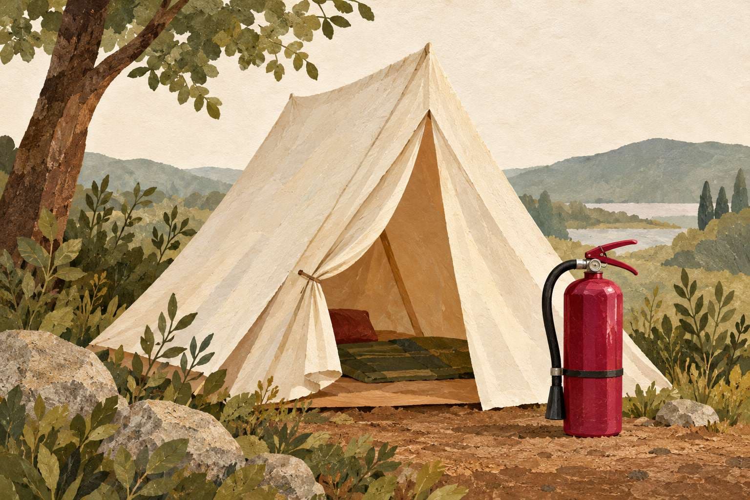 Gaza Tent Fires: Symbolic illustration of an ivory tent beside a magenta fire extinguisher, with no fire or people.