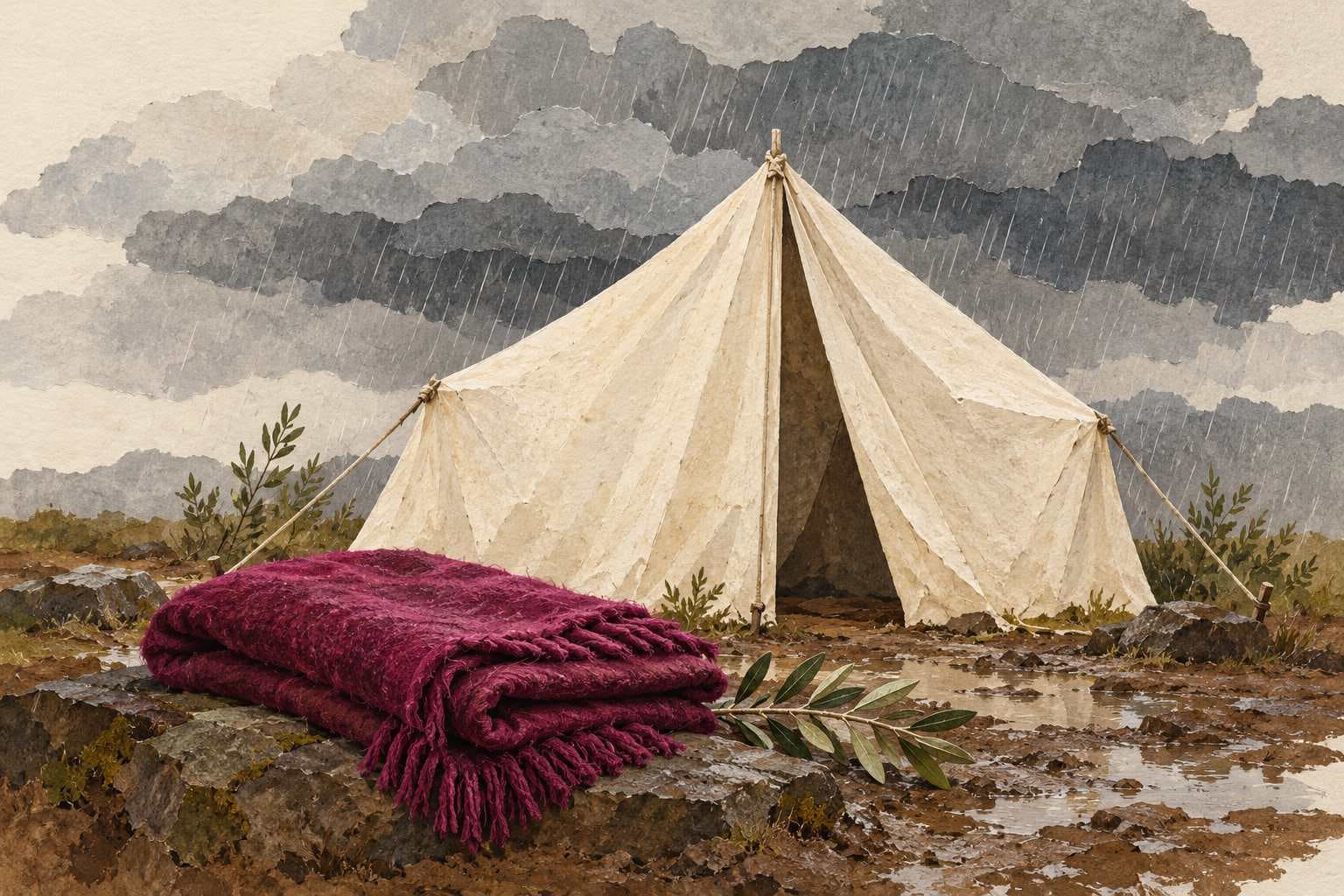 Winter in Gaza Tents: Symbolic illustration of a tent beneath rain clouds with a folded magenta wool blanket in front.