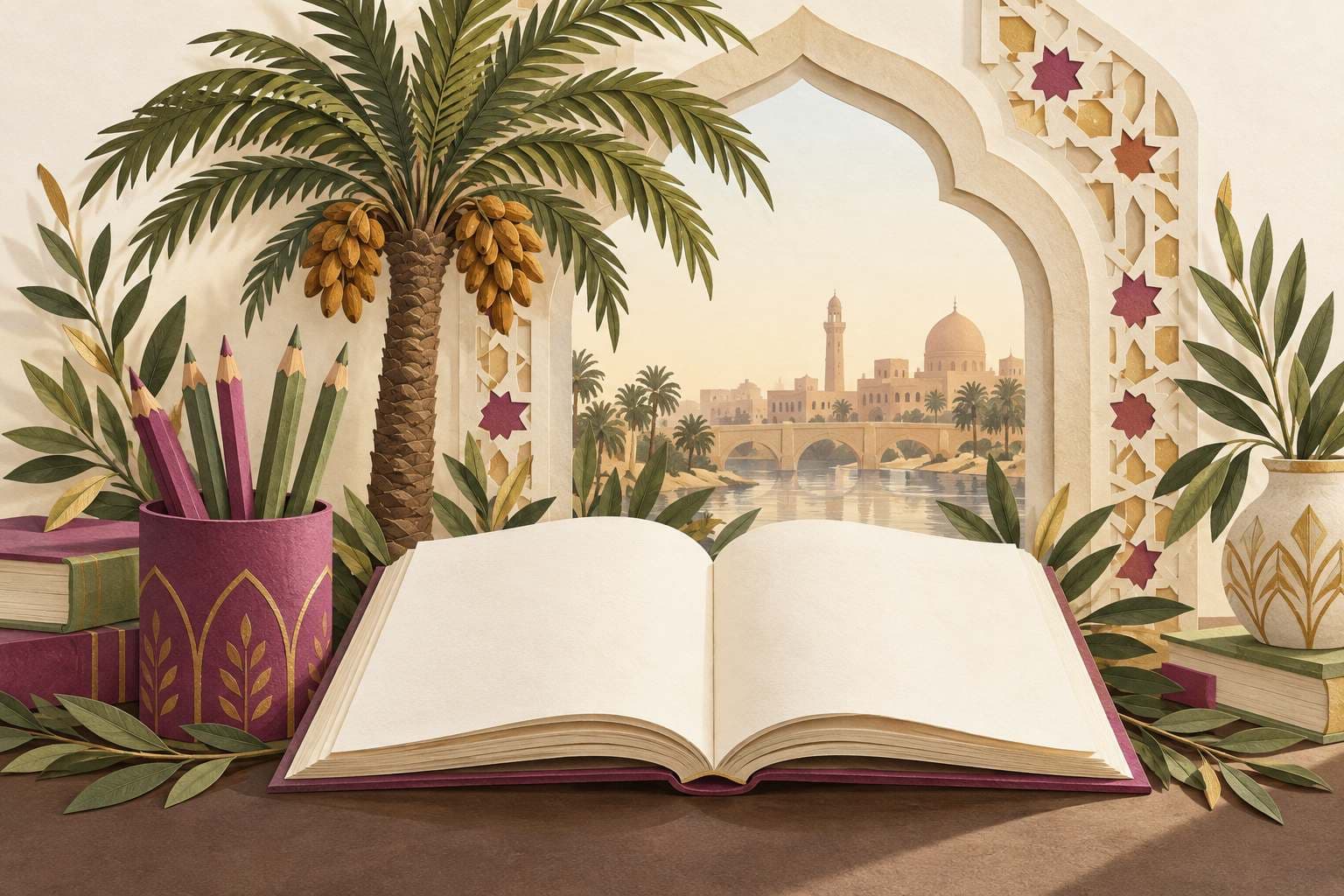تعليم الأطفال في العراق: رسم لكتاب مفتوح وأقلام ونخلة