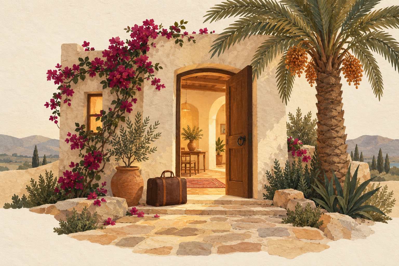 Return of Displaced Families in Iraq: Symbolic illustration of an open home doorway, travel case and date palm