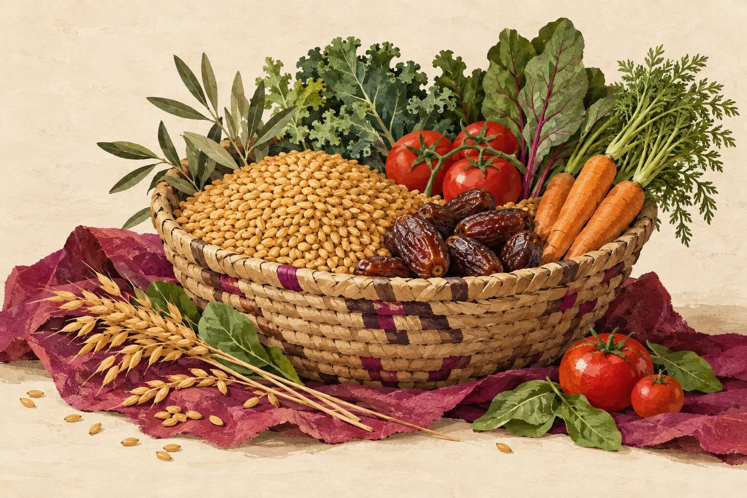 Food Security in Iraq: Illustration of a woven basket of grains, dates and vegetables on magenta fabric