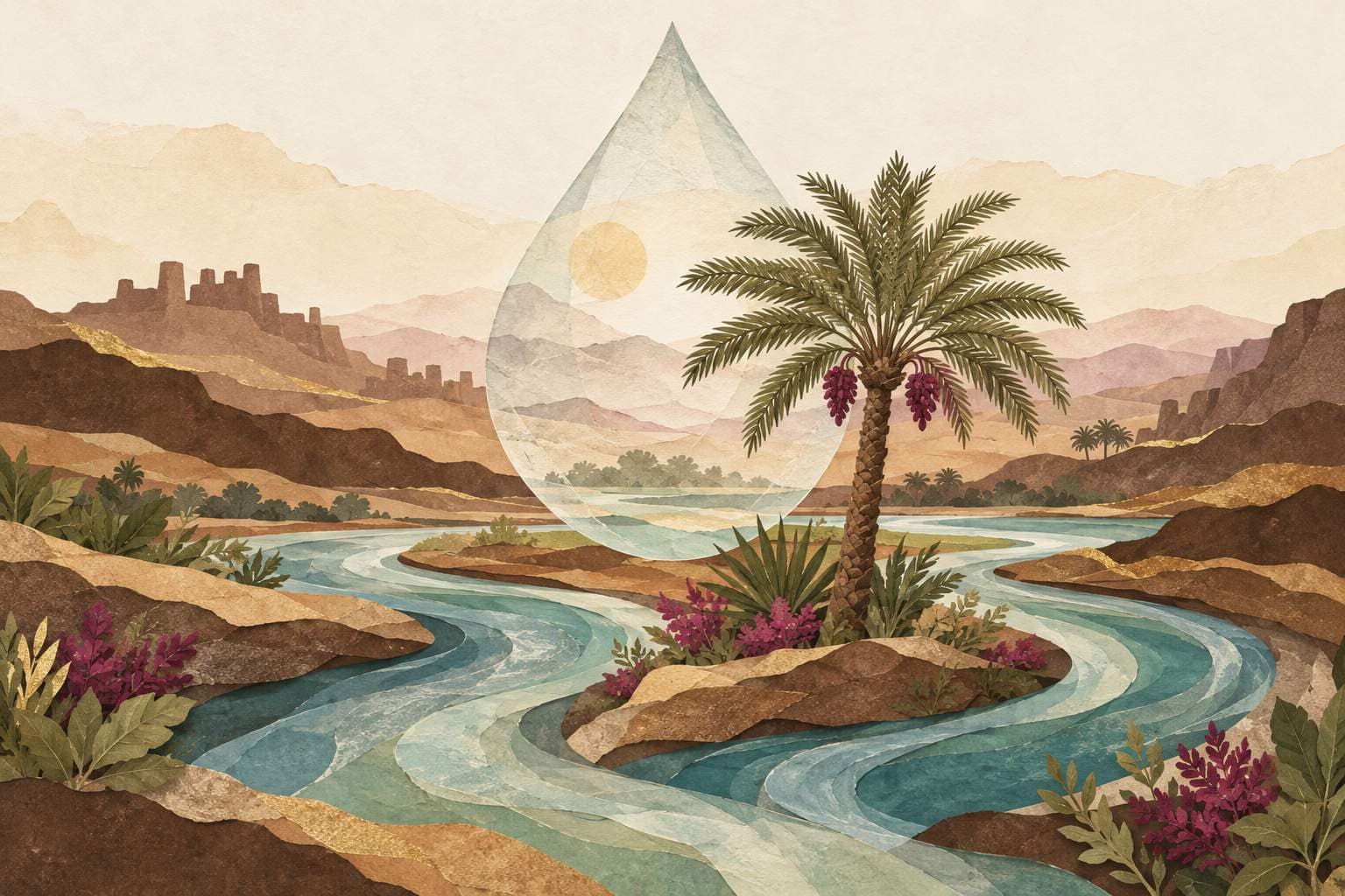 أزمة المياه في العراق: رسم رمزي لنهرين وقطرة ماء ونخلة